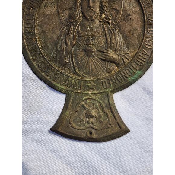 French, Antique Religious Large Door Plate. Jesus Christ, Sacred Heart. 5.6" - Picture 4 of 7